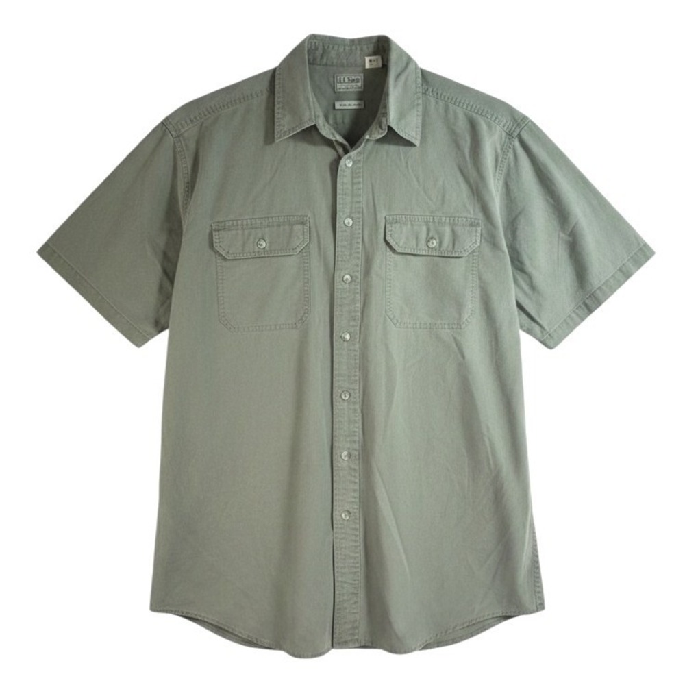 LL Bean Mens Large Tall Short Sleeve Button Down Utility Shirt Sage Green VTG